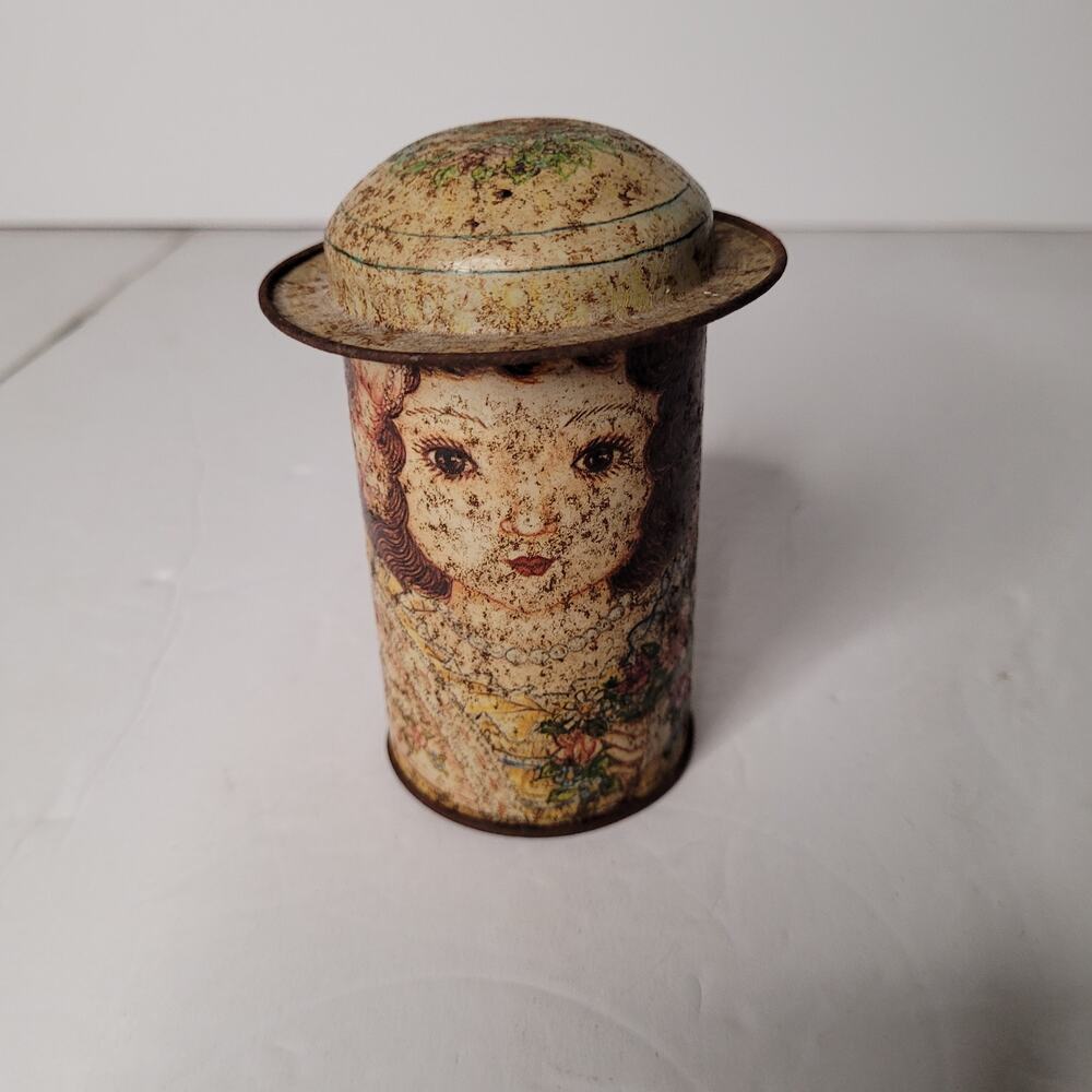 Charming Vintage Tin Container with Victorian Lady Art